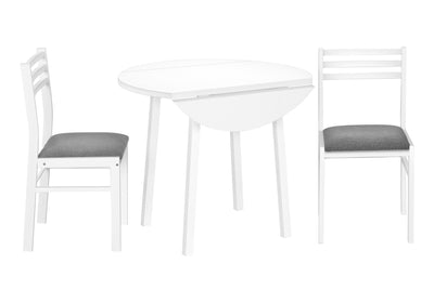 Contemporary Dining Table Set, 3pcs, Small 35" Drop Leaf, White Metal & Laminate, Grey Fabric