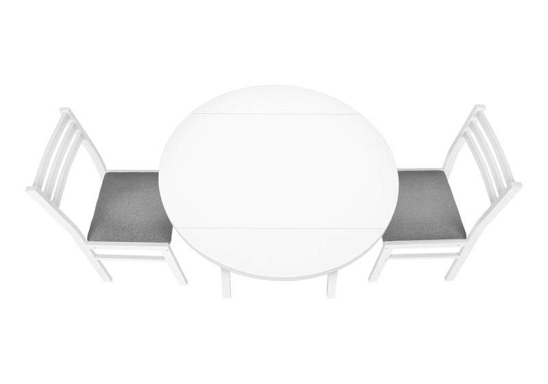 Contemporary Dining Table Set, 3pcs, Small 35" Drop Leaf, White Metal & Laminate, Grey Fabric