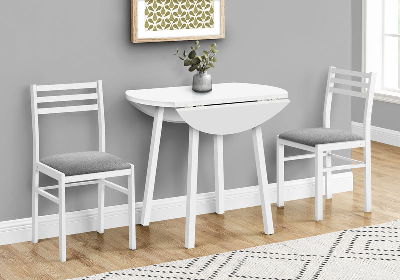 Contemporary Dining Table Set, 3pcs, Small 35" Drop Leaf, White Metal & Laminate, Grey Fabric