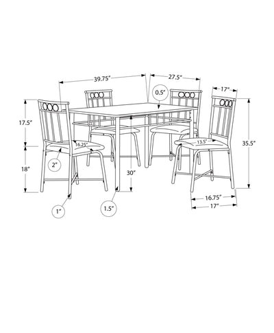 Dining Table Set, 5pcs, Small 40" Rectangular, White Marble Look Laminate, Black Metal