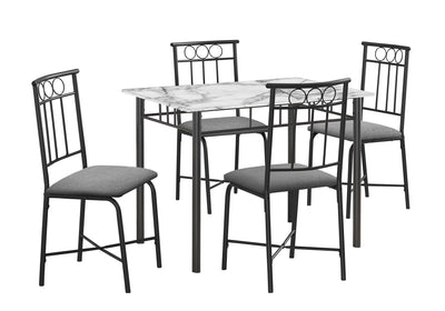 Dining Table Set, 5pcs, Small 40" Rectangular, White Marble Look Laminate, Black Metal