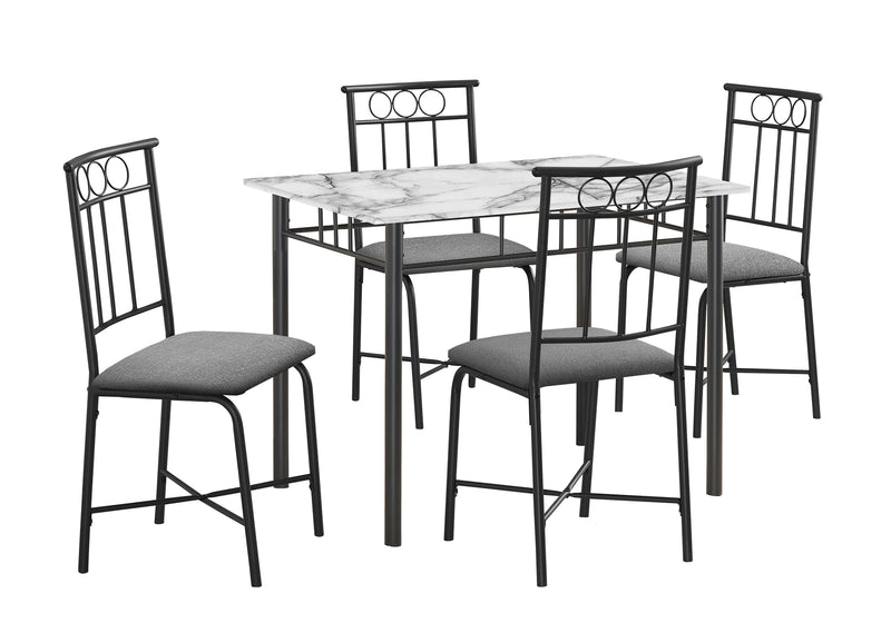 Dining Table Set, 5pcs, Small 40" Rectangular, White Marble Look Laminate, Black Metal