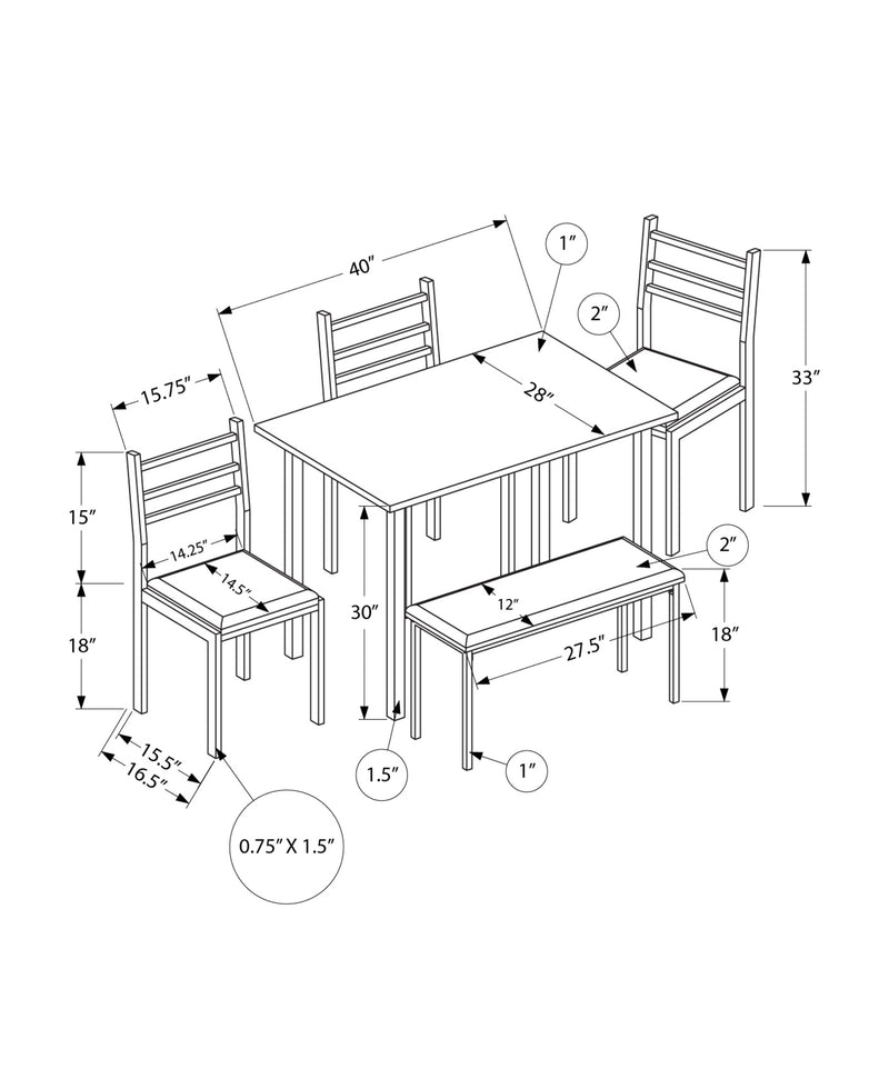 Contemporary 5pcs Dining Set, 40" Rectangular, White Metal & Laminate, Grey Fabric