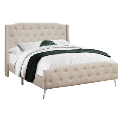 Queen Size Upholstered Bed Frame with Beige Linen Look - Transitional Style