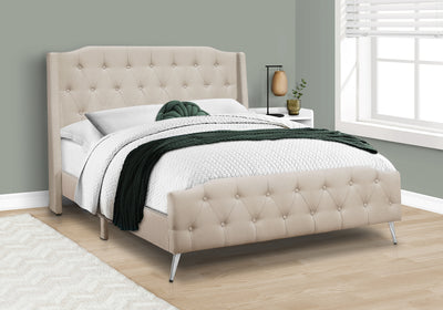 Queen Size Upholstered Bed Frame with Beige Linen Look - Transitional Style