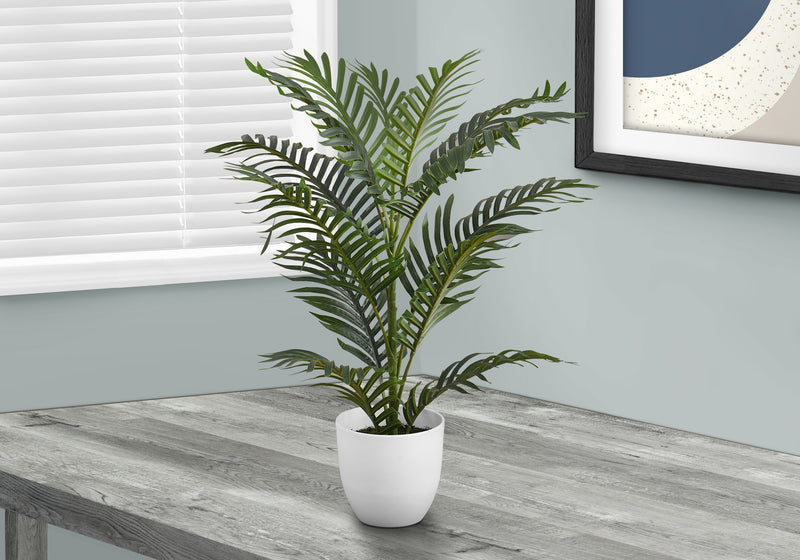 28" Tall Artificial Palm Tree: Indoor Faux Floor Plant, Real Touch Green Leaves, White Pot