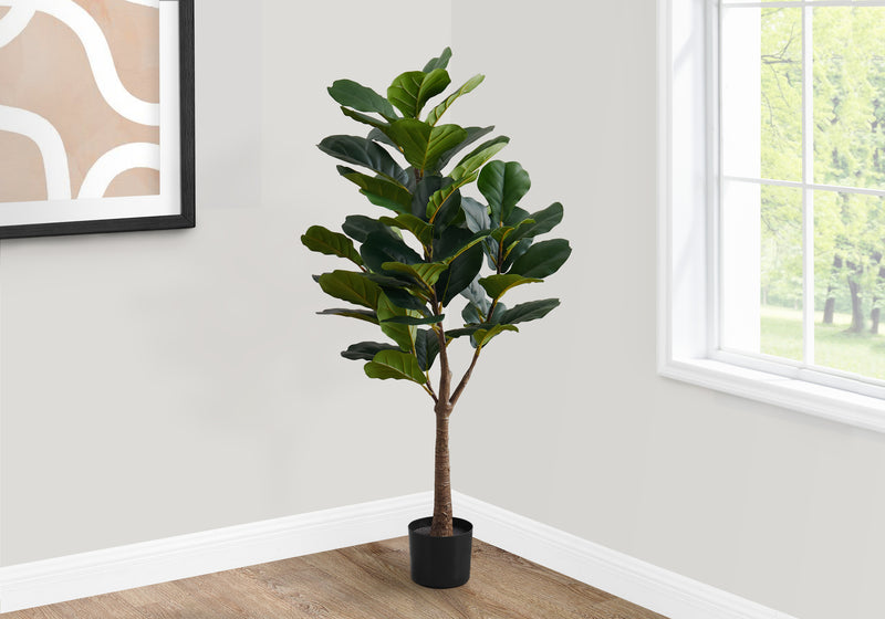 47" Tall Fiddle Tree:  Indoor Artificial Plant, Real Touch, Green Leaves, Black Pot