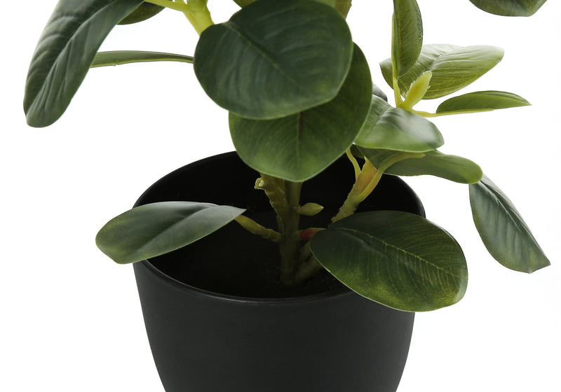 Set of 2 Faux Indoor Ficus Plants - 14" Tall, Green Leaves, Black Pots -  Decorative Table Greenery