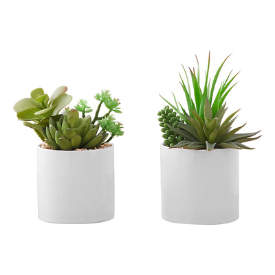 Set of 2 Faux Succulent Plants, 7" Tall, Indoor Greenery, Decorative White Ceramic Pots