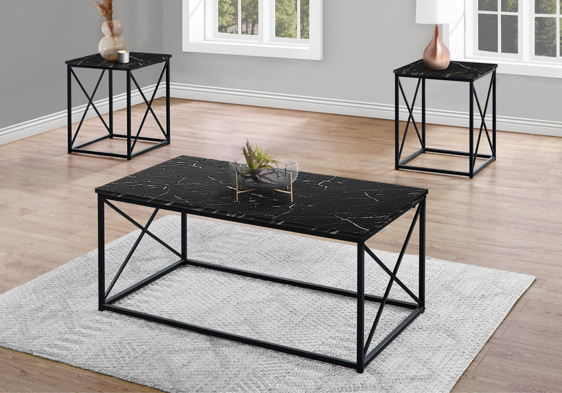 Table Set - 3Pcs Set / Black Marble / Black Metal - I 7954P