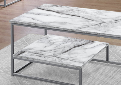 Table Set - 3Pcs Set / White Marble / Silver Metal - I 7963P