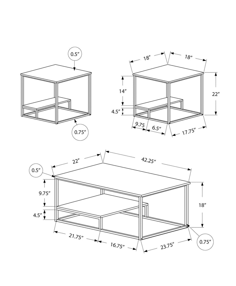 Table Set - 3Pcs Set / White Marble / Silver Metal - I 7963P