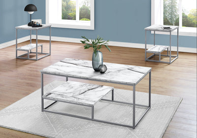 Table Set - 3Pcs Set / White Marble / Silver Metal - I 7963P