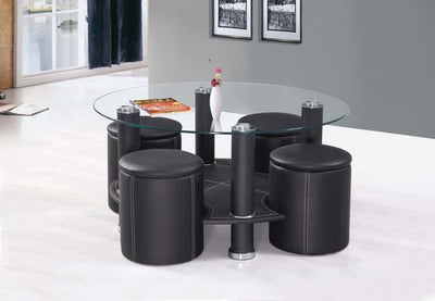 5 Piece Black Leatherette Tempered Glass Coffee Table Set With Contrast Stitching Details - IF-2057