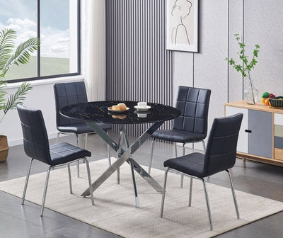 Tempered Black Marble Glass Table Top With Chrome Legs and Black Checkered Chairs - IF-T-1446-C-1760