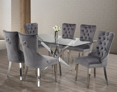 Glass Table With Swiveled Chrome Legs and Grey Velvet Dining Chairs with Chrome Knocker - IF-T-1448-C-1260-7PCS