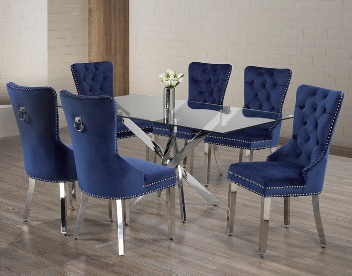 Glass Table With Swiveled Chrome Legs and Blue Velvet Dining Chairs with Chrome Knocker - IF-T-1448-C-1262-7PCS