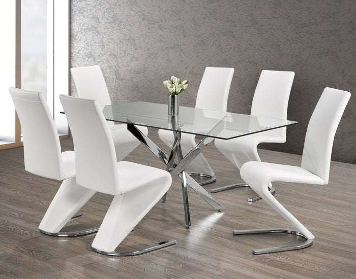 Glass Table With Swiveled Chrome Legs and White ‘Z’ Shaped Dining Chairs - IF-T-1448-C-1786-7PCS