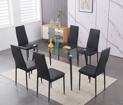 7 Piece Clear Tempered Glass Dining Table With Black Horizontally Stitched Chairs - IF-T-5031-C-5054