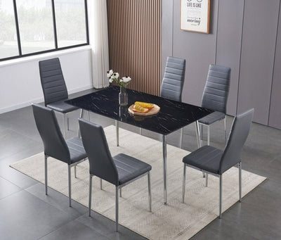 7 Piece Black Marble Glass Dining Table With Grey Horizontally Stitched Chairs - IF-T-5090-C-5093