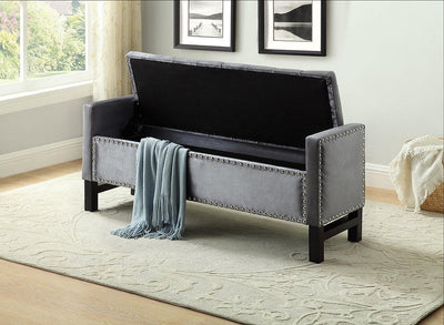 Decked Out Storage Bench In Grey Velvet Fabric With Nailhead Trim - IF-6400