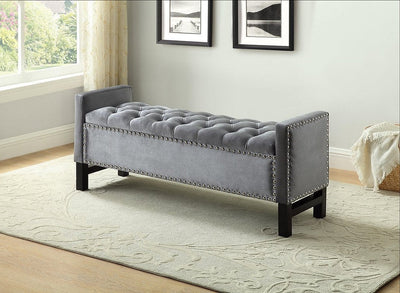 Decked Out Storage Bench In Grey Velvet Fabric With Nailhead Trim - IF-6400