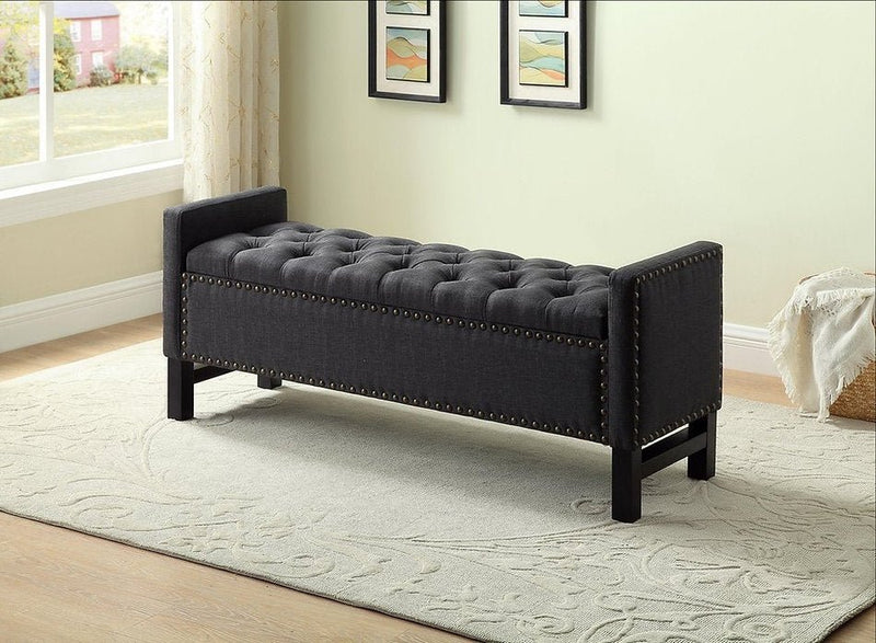 Decked Out Storage Bench In Charcoal Fabric With Nailhead Trim - IF-6403