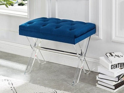 Blue Velvet Topped Bench With X-Acrylic Legs - IF-6422