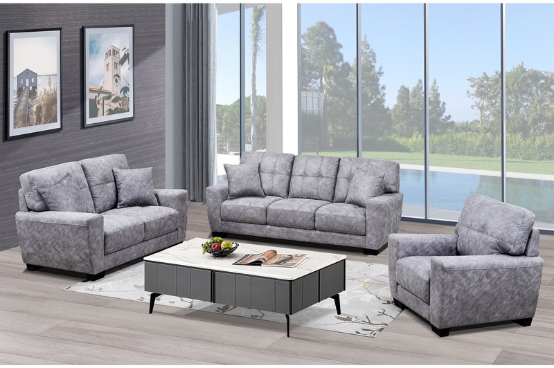 Grey fabric sofa set and table