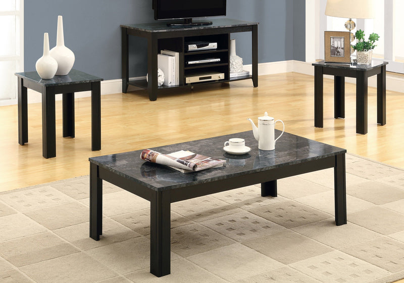 Table Set - 3Pcs Set / Black / Grey Marble-Look Top - I 7843P