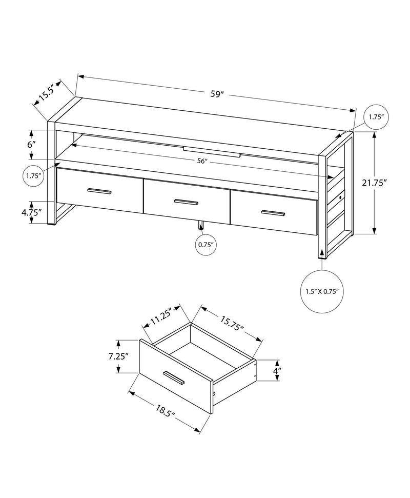 Tv Stand - 60"L / Grey Reclaimed Wood-Look / 3 Drawers - I 2821